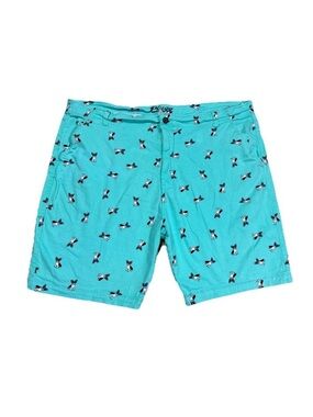 Plugg Shorts Mens Size 48 Flat Front Stretch Waist French Bulldog Dog Teal Chino